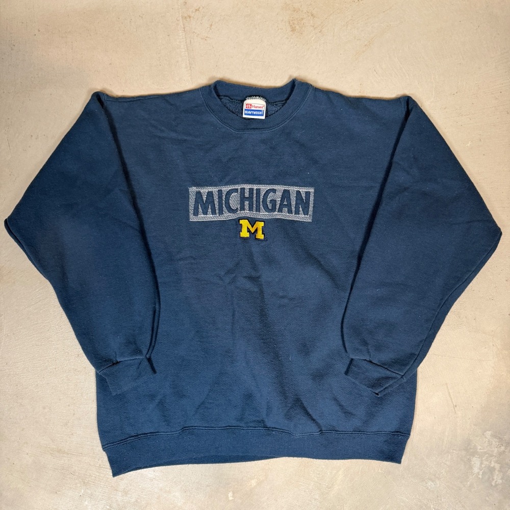 Vintage Hanes Heavyweight Michigan Wolverines Crewneck Sweatshirt Navy Blue Med